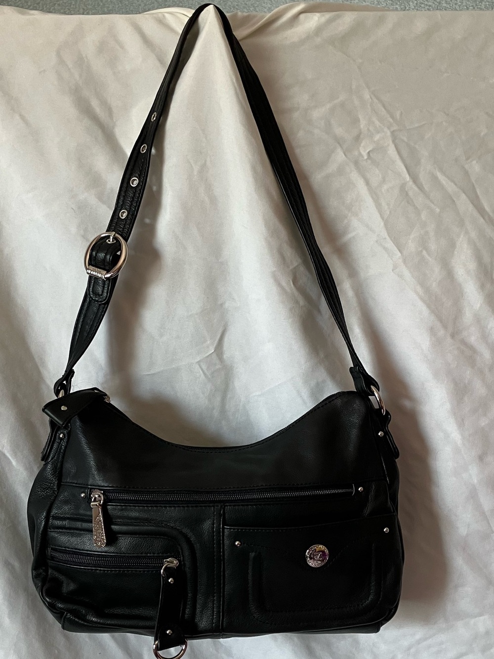 Black Faux Leather Shoulder Bag Multi Pocket Y2K Purse Silver Hardware